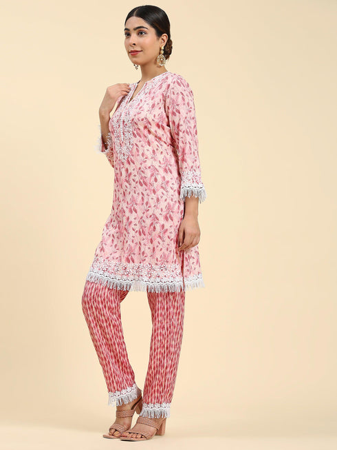 Samma Chikankari Co-ord set in Cotton for Women- Peach